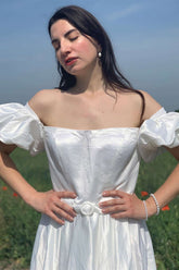 White Off-the-Shoulder Puff Sleeve A-Line Long Wedding Gown